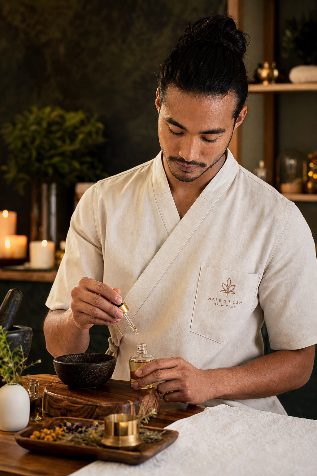 Spa therapist preparing botanical oils by candlelight